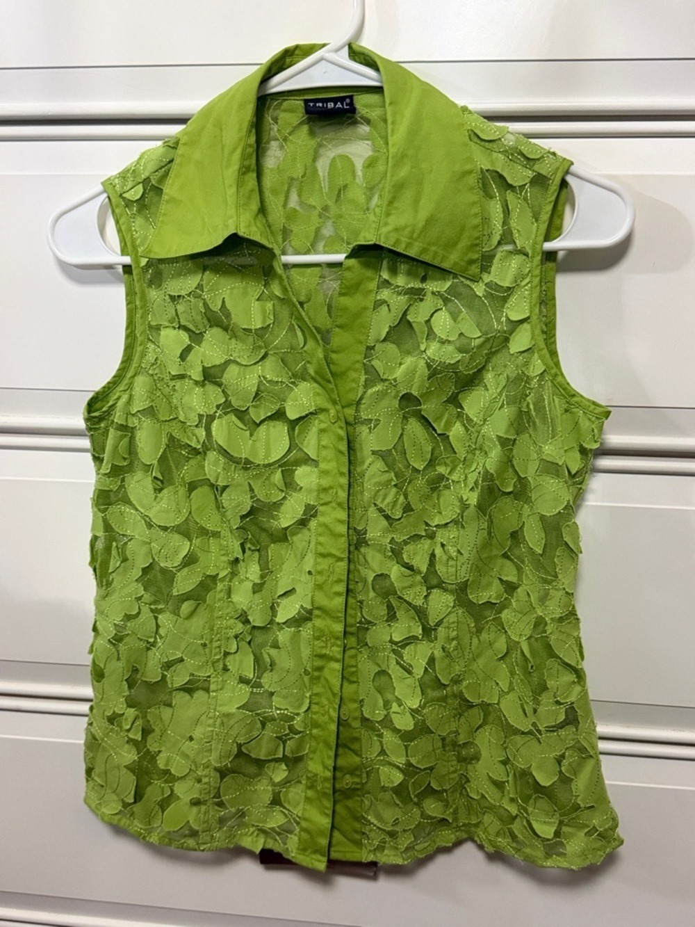Tribal Lime Green Lace Overlay Sleeveless Button-Front Top